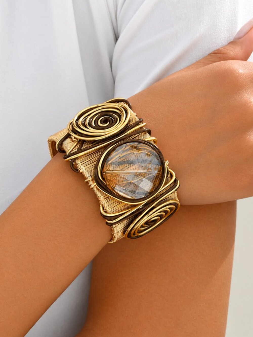 Retro Cuff Bangle Bracelet Women Zinc Alloy Featuring Inlay Artificial Gemstone